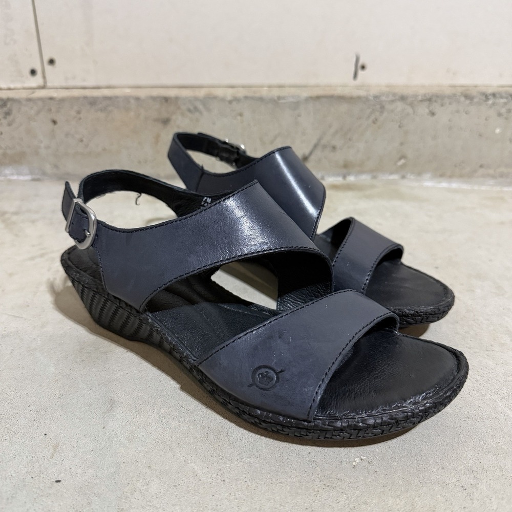 Børn Lena Navy Blue Leather Low Wedge Strappy Sandals Comfort Size 7 M Excellent